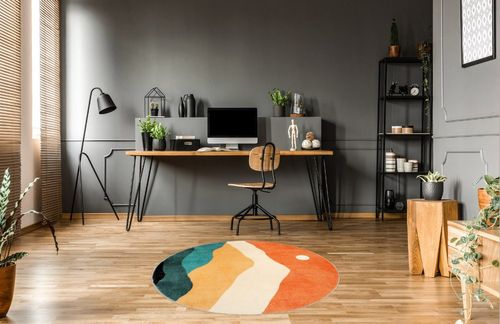 Sungea 6 ft Abstract Round Rugs for Bedroom, Washable Non-Slip Circle Rug, Soft Colorful Low-Pile Floor Mat, Chic Faux Wool Large Rug, Durable Indoor Throw Rugs for Living Room, Kidsroom in Grey Home office with Wooden Floor