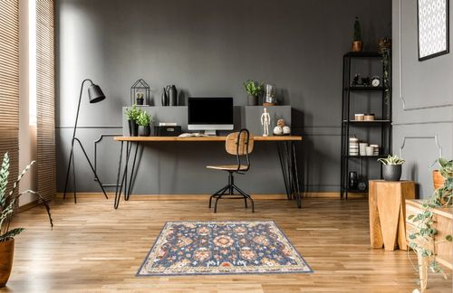 Safavieh Aspen Collection Area Rug - 5' Round, Blue & Rust, Handmade Boho Wool, Ideal for High Traffic Areas in Living Room, Bedroom (APN146M) in Grey Home office with Wooden Floor