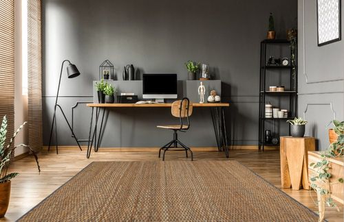 Pebble & Crane - Carlisle Rug - Woven Throw Rug - Jute and Cotton - Area Rug for Kitchen, Living Room, Bedroom, and More - Solid Trim - 8’ x 10’ - Grey in Grey Home office with Wooden Floor