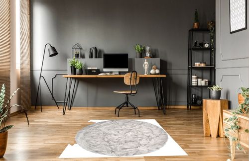 Luxe Gordon Faux Fur Rug with Soft and Fluffy Pile | Machine Washable Living Room Rug with Anti-Slip Backing | Cruelty-Free Area Rugs for Office or Bedroom, Gradient Grey, 6 ft Dia. in Grey Home office with Wooden Floor