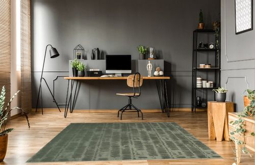 Revival Rugs Shell 6'7"x9' Machine Washable Area Rug for Living Room Bedroom - 100% Recycled Oeko-TEX Certified, Medium Pile, Green in Grey Home office with Wooden Floor