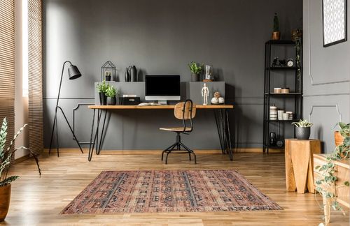 Loloi II Layla Collection LAY-14 Mocha/Blush, Traditional 5'-0" x 7'-6" Area Rug in Grey Home office with Wooden Floor