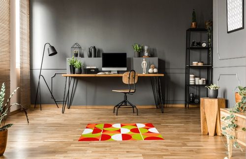 Mid Century Modern Abstract Orange Green Red Wool Area Rug 3x5 Vibrant Art Decor Minimalist Rug for Livingroom Bedroom Diningroom Boho Chic Floor Carpet in Grey Home office with Wooden Floor