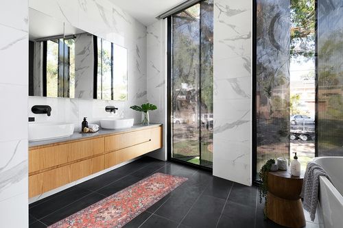 Toneed Washable Runner Rug, 2 x 6 Feet Rug with Rubber Backing Non Slip Vintage Carpet for Bedroom Living Room Kitchen Entryway Bathroom Laundry Decor - Red in Modern Black Tiled bathroom