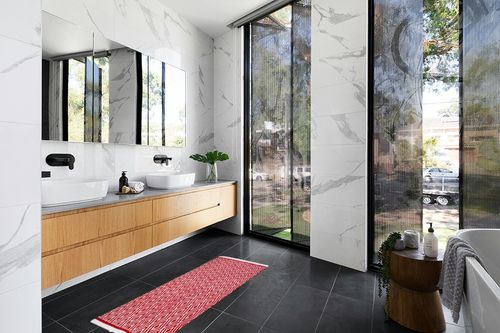 THE BEER VALLEY Cotton Diamond Runner Rug 2'x5' - Red, Reversible Machine Washable Farmhouse Rugs for Bedroom, Kitchen, Hallway, Bathroom - 24x60 Inches in Modern Black Tiled bathroom