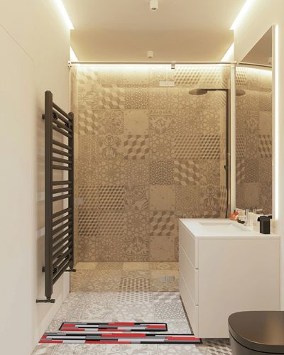 Kitchen Rugs Set of 2- Red, Black, and Grey Modern Geometric Non-Slip Washable Floor Mats - Comfort Sink and Laundry Room Runner - Contemporary Abstract Art Design Decor 17x47.2 and 17x30 inches in White Tiled Bathroom