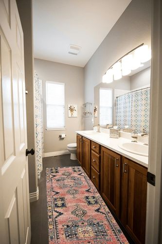 Loloi II Jocelyn Collection JOC-06 Rose/Rose 2'-3" x 7'-6" Runner Rug in Wooden and Grey Bathroom