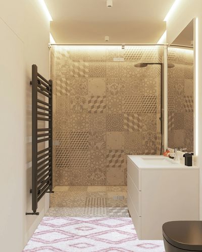 nuLOOM Iola Geometric Shag Runner Rug, 2' 8" x 8', Pink in White Tiled Bathroom