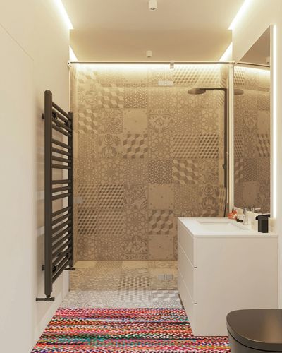 ‎Multi ‎Farmhouse ‎Braided ‎Kitchen, Bedroom, Living Room, Hallway, Dining Room ‎Area Rug in White Tiled Bathroom