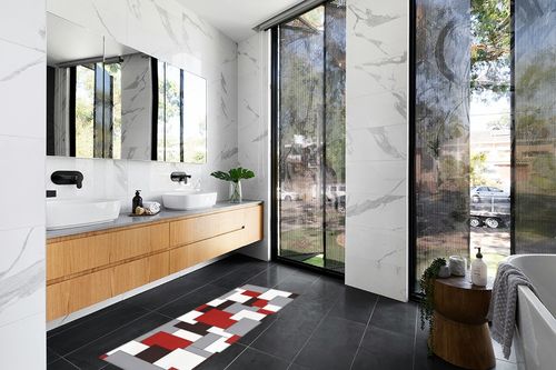 Hallway Runner Rug,Mid Century Abstract Geometric 3D Digital Print Red Gray Non Slip Water Absorbent Rug Indoor Entrance Floor Mat Runner for Home Garage Kitchen Laundry 19.7x63in in Modern Black Tiled bathroom