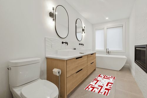 Hallway Runner Rug,Mid Century Geometric Pattern Red Gray White Modern Art Christmas Non Slip Water Absorbent Rug Indoor Entrance Floor Mat Runner for Home Garage Kitchen Laundry 19.7x63in in Scandinavian Neutral bathroom