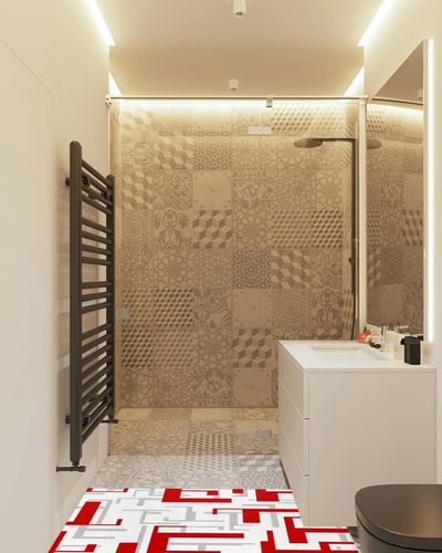 Hallway Runner Rug,Mid Century Geometric Pattern Red Gray White Modern Art Christmas Non Slip Water Absorbent Rug Indoor Entrance Floor Mat Runner for Home Garage Kitchen Laundry 19.7x63in in White Tiled Bathroom