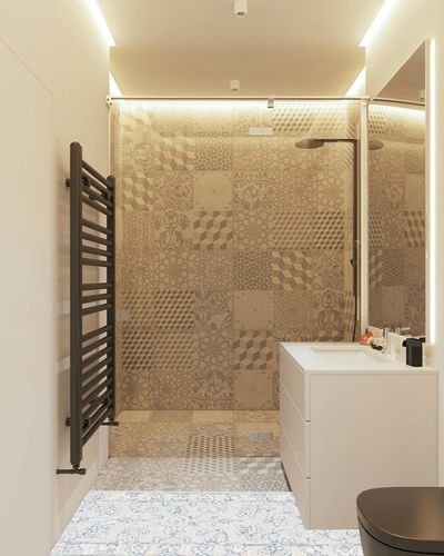 SAFAVIEH Micro-Loop Collection Runner Rug - 2'3" x 7', Blue & Beige, Handmade Wool, Ideal for High Traffic Areas in Living Room, Bedroom (MLP535M) in White Tiled Bathroom