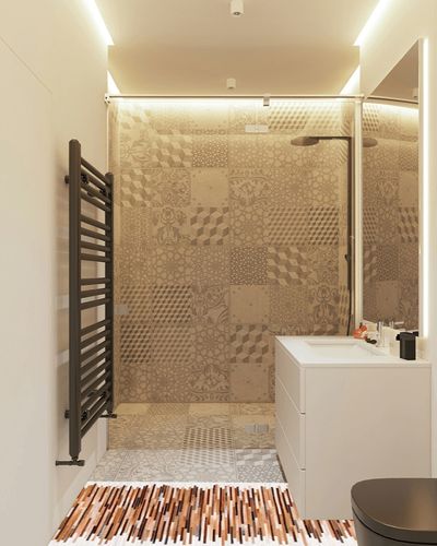 SAFAVIEH Studio Leather Collection 2'3" x 7' Ivory / Brown STL814A Handmade Mid-Century Modern Leather Runner Rug in White Tiled Bathroom