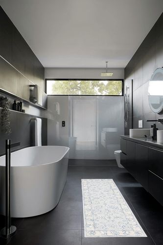 SAFAVIEH Micro-Loop Collection Runner Rug - 2'3" x 7', Blue & Beige, Handmade Wool, Ideal for High Traffic Areas in Living Room, Bedroom (MLP535M) in Black Modern Bathroom