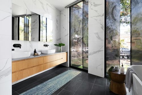 Nourison Passion Abstract Navy/Light Blue 2'2" x 7'6" Area -Rug, Easy -Cleaning, Non Shedding, Bed Room, Living Room, Dining Room, Kitchen (2x8) in Modern Black Tiled bathroom