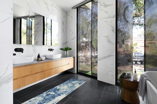 Maples Rugs Southwestern Stone Distressed Abstract Non Slip Runner Rug for Hallway Entry Way Floor Carpet [Made in USA], 2 x 6, Blue in Modern Black Tiled bathroom