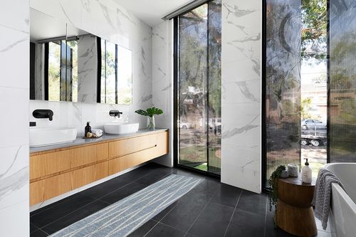 Erin Gates by Momeni River Beacon Denim Hand Woven Indoor Outdoor Area Rug, 2'3" X 8' Size Mat for Living Room, Bedroom, Dining Room, Nursery, Hallways, and Home Office in Modern Black Tiled bathroom