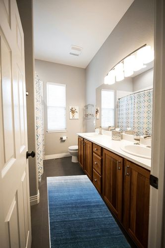 Lahome Modern Ombre Washable Runner Rug - 2x6 Rug Runners for Hallways 6 Feet Non Slip Colorful Gradient Kitchen Rug Runner Ultra-Thin Blue Runner Rug for Entryway Bathroom Bedroom Laundry in Wooden and Grey Bathroom