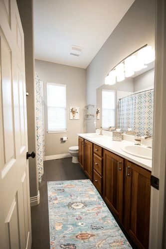 Loloi II Margot Collection MAT-06 Denim/Multi 2'-0" x 5'-0" Accent Rug feat. CloudPile in Wooden and Grey Bathroom