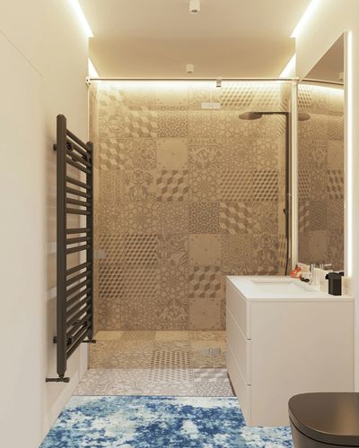 Maples Rugs Southwestern Stone Distressed Abstract Non Slip Runner Rug for Hallway Entry Way Floor Carpet [Made in USA], 2 x 6, Blue in White Tiled Bathroom