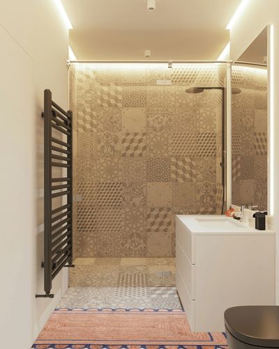 Scallop Pattern Jute Bohemian Area Rug (Blue, 2' x 6') in White Tiled Bathroom