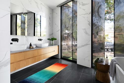 Wonnitar Washable Runner Rug for Hallway 2x6,Modern Ombre Kitchen Non-Slip Rug Runner,Contemporary Non-Slip Rainbow Abstract Laundry Carpet Runners for Bathroom Mud Room Entrance in Modern Black Tiled bathroom