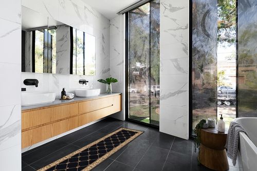 Orleans Traditional Border Black Runner Rug, 2' x 7' in Modern Black Tiled bathroom