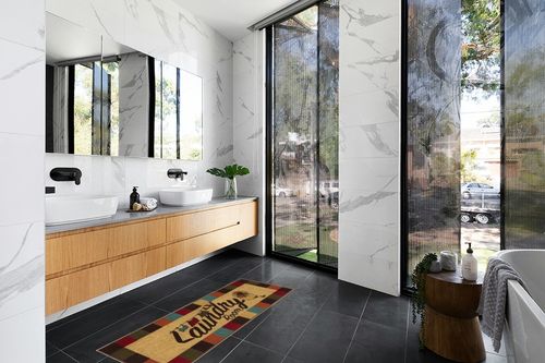 Ottomanson Machine Washable Checkered Border Laundry Room Rug Non-Slip Rubberback 2x5 Laundry Runner Rug for Laundry Room, Bathroom, Washroom, 20" x 59", Multicolor in Modern Black Tiled bathroom