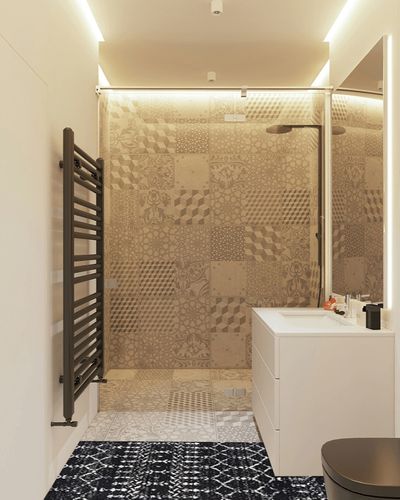 Moroccan Hype Boho Vintage Diamond Indoor Area-Rug in White Tiled Bathroom