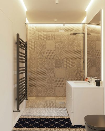 Orleans Traditional Border Black Runner Rug, 2' x 7' in White Tiled Bathroom