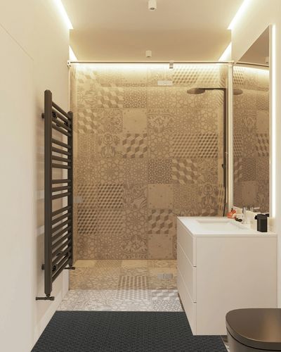 Cinder Gray Town Square  Living Room Runner in White Tiled Bathroom