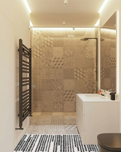 JONATHAN Y MOH207A-28 Khalil Modern Berber Stripe Indoor Farmhouse Area-Rug Bohemian Minimalistic Striped Easy-Cleaning Bedroom Kitchen Living Room Non Shedding, 2 X 8, Cream,Black in White Tiled Bathroom