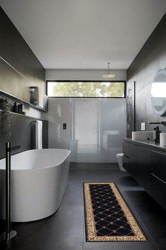 Orleans Traditional Border Black Runner Rug, 2' x 7' in Black Modern Bathroom