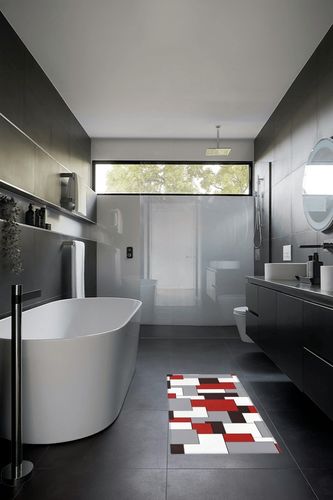 Hallway Runner Rug,Mid Century Abstract Geometric 3D Digital Print Red Gray Non Slip Water Absorbent Rug Indoor Entrance Floor Mat Runner for Home Garage Kitchen Laundry 19.7x63in in Black Modern Bathroom