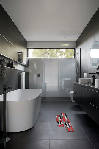 Kitchen Rugs Set of 2- Red, Black, and Grey Modern Geometric Non-Slip Washable Floor Mats - Comfort Sink and Laundry Room Runner - Contemporary Abstract Art Design Decor 17x47.2 and 17x30 inches in Black Modern Bathroom