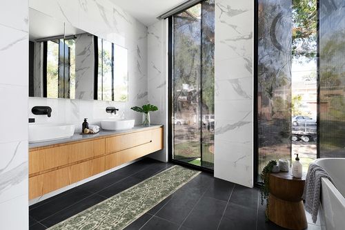 Antep Rugs Alfombras in Modern Black Tiled bathroom