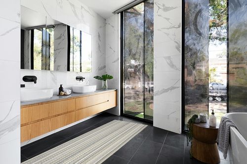 Garland Rug Carnival Stripe 3 ft. x 8 ft. Random Earth Tone Runner Rug in Modern Black Tiled bathroom