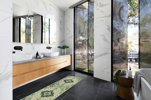 Morebes Vintage Boho Bathroom Runner Rug 2x6,Washable Entryway Runner Rug,Non Slip Medallion Carpet Runner,Soft Bohemian Ultra-Thin Laundry Mat for Bedroom Hallway Entrance, Green in Modern Black Tiled bathroom