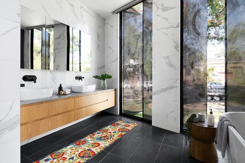 Nourison Aloha Indoor/Outdoor Multicolor 2'3" x 8' Area-Rug, Easy-Cleaning, Non Shedding, Bed Room, Living Room, Dining Room, Deck, Backyard, Patio (2x8) in Modern Black Tiled bathroom