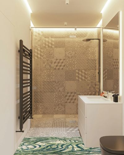 nuLOOM Cali Abstract Leaves Runner Rug , 2' x 6', Green, Rectangular, 0.45" Thick in White Tiled Bathroom