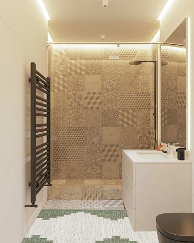 Hauteloom Djugun Outdoor Runner Rug - Outside Porch Patio Rug Carpet - Waterproof Rug - Geometric - Green, Cream, Gray, Off White, Bone - 2'7" x 12' in White Tiled Bathroom