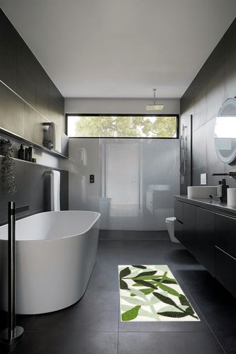 UNIBATH Leaves Bathroom Runner Rug 24x60 Non Slip Long Bathroom Rugs Green Extra Large Bath Runner Rugs for Bathroom Microfiber Absorbent Washable Area Rugs in Black Modern Bathroom