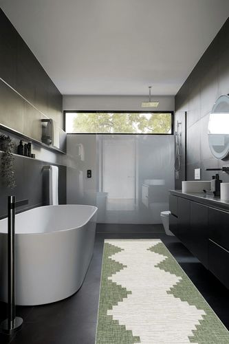 Hauteloom Djugun Outdoor Runner Rug - Outside Porch Patio Rug Carpet - Waterproof Rug - Geometric - Green, Cream, Gray, Off White, Bone - 2'7" x 12' in Black Modern Bathroom