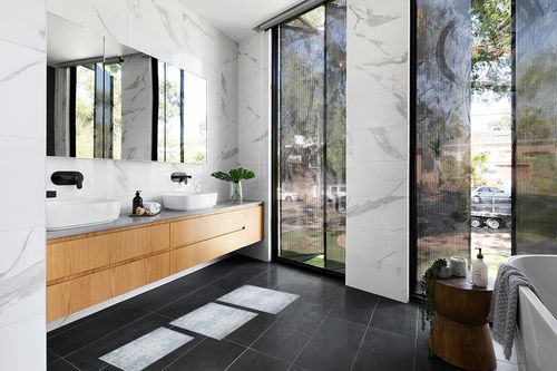 MATBAR Kitchen Rugs Sets of 3 Non Slip Washable Kitchen Mats for Floor 3 Piece Set Boho Kitchen Rug Sets Gray Runner Carpets Absorbent for Laundry Room Hallway Sink Bathroom in Modern Black Tiled bathroom