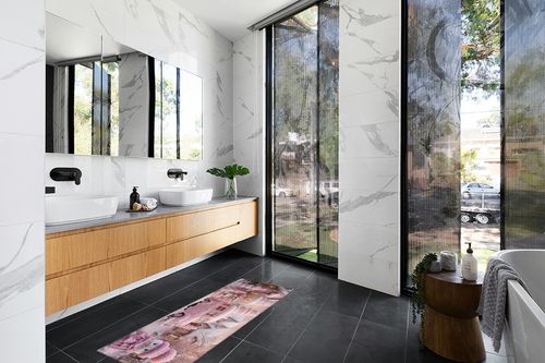 Kitchen Rugs Long Floor Door Mats Absorbent Entryway Rug Winter Christmas Farm Pink Car Indoor Carpet Non-Slip Area Runner,Wood Barn Snowy Scene Entrance Doormat for Bedroom Bathroom in Modern Black Tiled bathroom