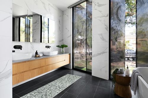 Morebes Vintage Rugs for Kitchen Floor,Rug Runners for Hallways 6 Feet Non Slip,Washable Bath Mat Distressed Floral Indoor Floor Carpet Runner for Entryway Laundry Room Foyer,Light Grey in Modern Black Tiled bathroom