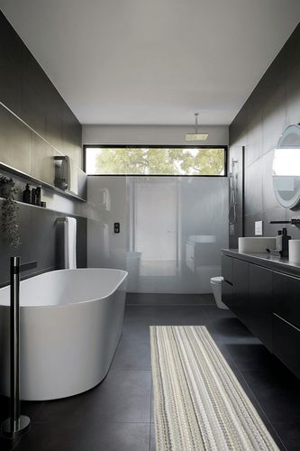 Garland Rug Carnival Stripe 2 Ft. x 8 Ft. Earth Tone Runner Rug in Black Modern Bathroom