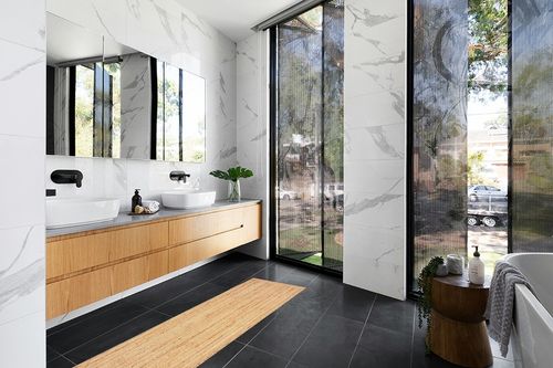 Jute Braided Runner Rug 24x72 Inches (2'x6')- Natural, Hand Woven Reversible Area Rugs for Kitchen Living Room Entryway, Eco Friendly in Modern Black Tiled bathroom