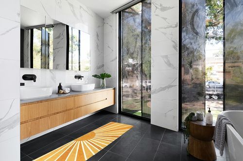 Lahome Boho Hallway Runner Rug - 2x6 Non-Slip Washable Laundry Room Rug Low-Pile Soft Throw Area Rugs for Bedroom Rainbow Sun Print Abstract Carpet Runners for Kitchen Entryway Bathroom Living Room in Modern Black Tiled bathroom